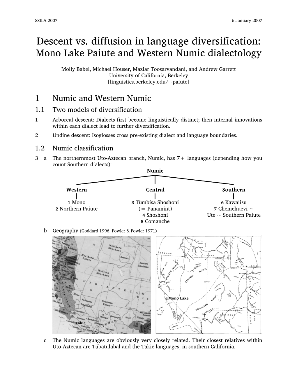Descent Vs. Diffusion in Language Diversification: Mono Lake Paiute and Western Numic Dialectology