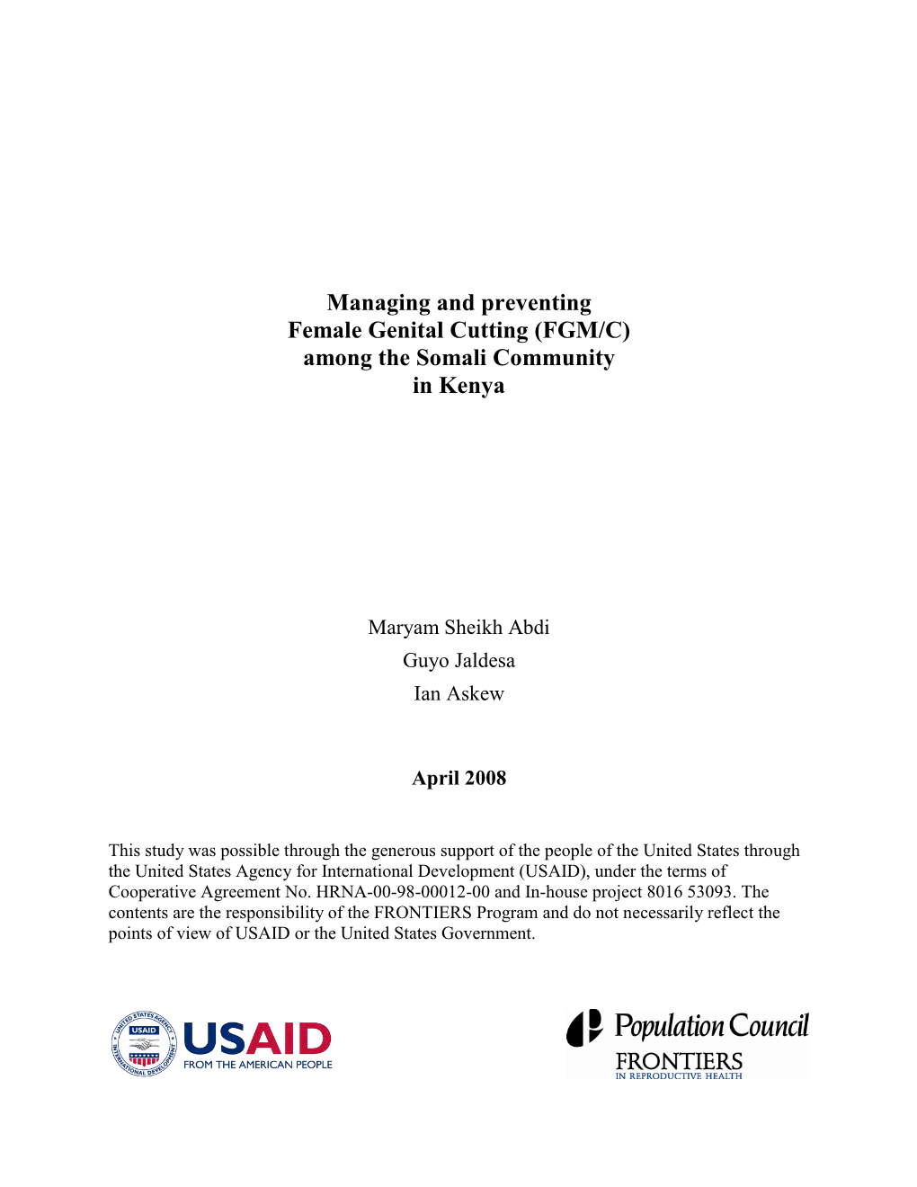 Managing and Preventing Female Genital Cutting (FGM/C) Among the Somali Community in Kenya