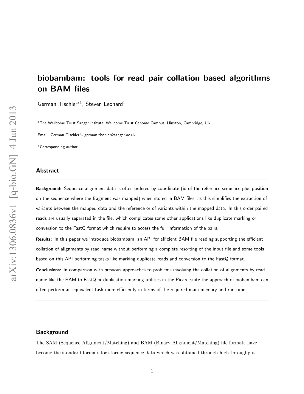 Biobambam: Tools for Read Pair Collation Based Algorithms on BAM ﬁles