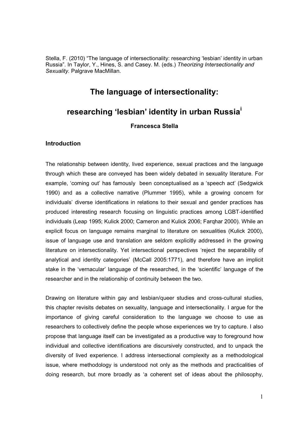 The Language of Intersectionality: Researching 'Lesbian' Identity In