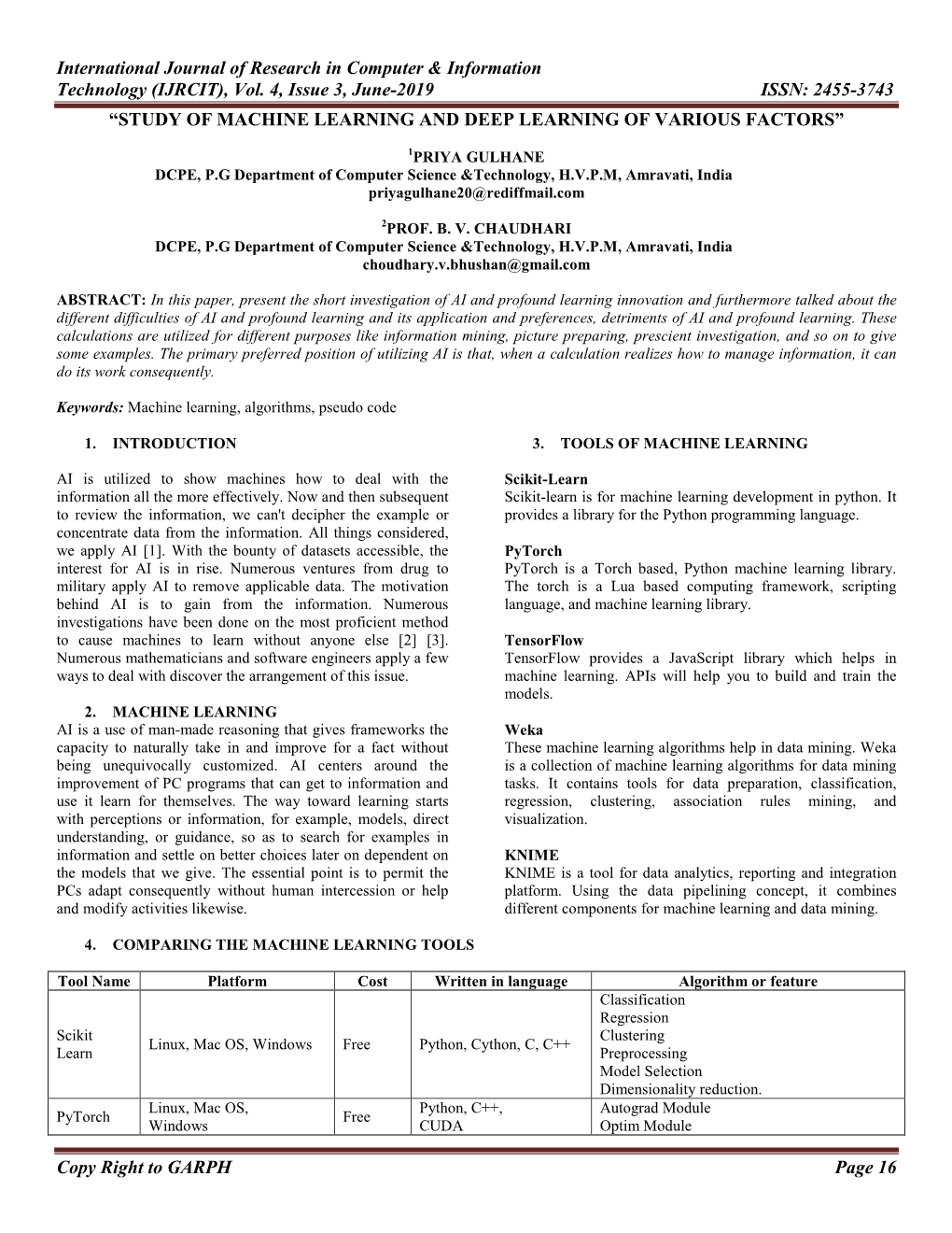 (IJRCIT), Vol. 4, Issue 3, June-2019 ISSN: 2455-3743 “STUDY of MACHINE LEARNING and DEEP LEARNING of VARIOUS FACTORS”