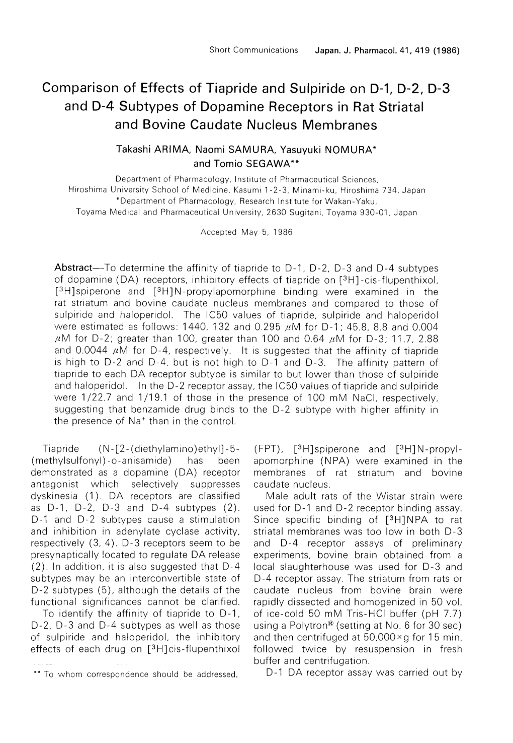 Comparison of Effects of Tiapride and Sulpiride on D-1, D-2, D-3 and D-4 Subtypes of Dopamine Receptors in Rat Striatal and Bovine Caudate Nucleus Membranes