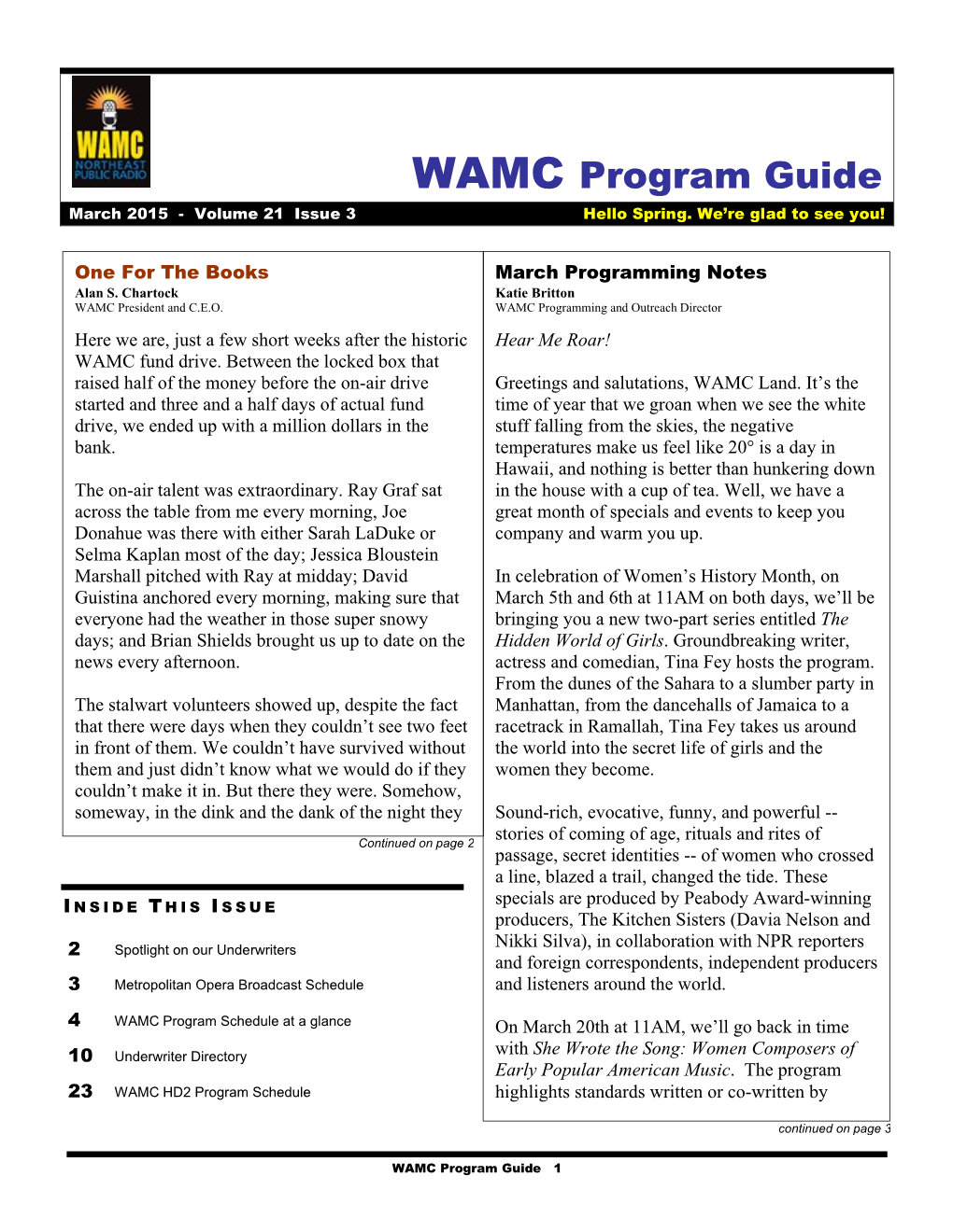 WAMC Program Guide March 2015 - Volume 21 Issue 3 Hello Spring