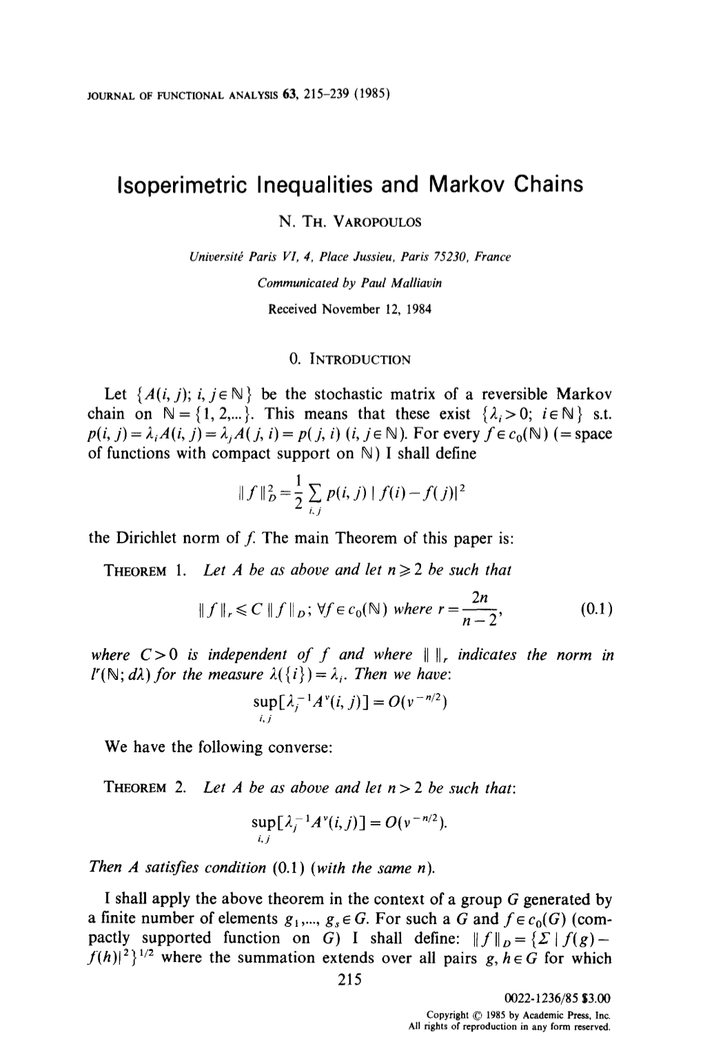 Lsoperimetric Inequalities and Markov Chains