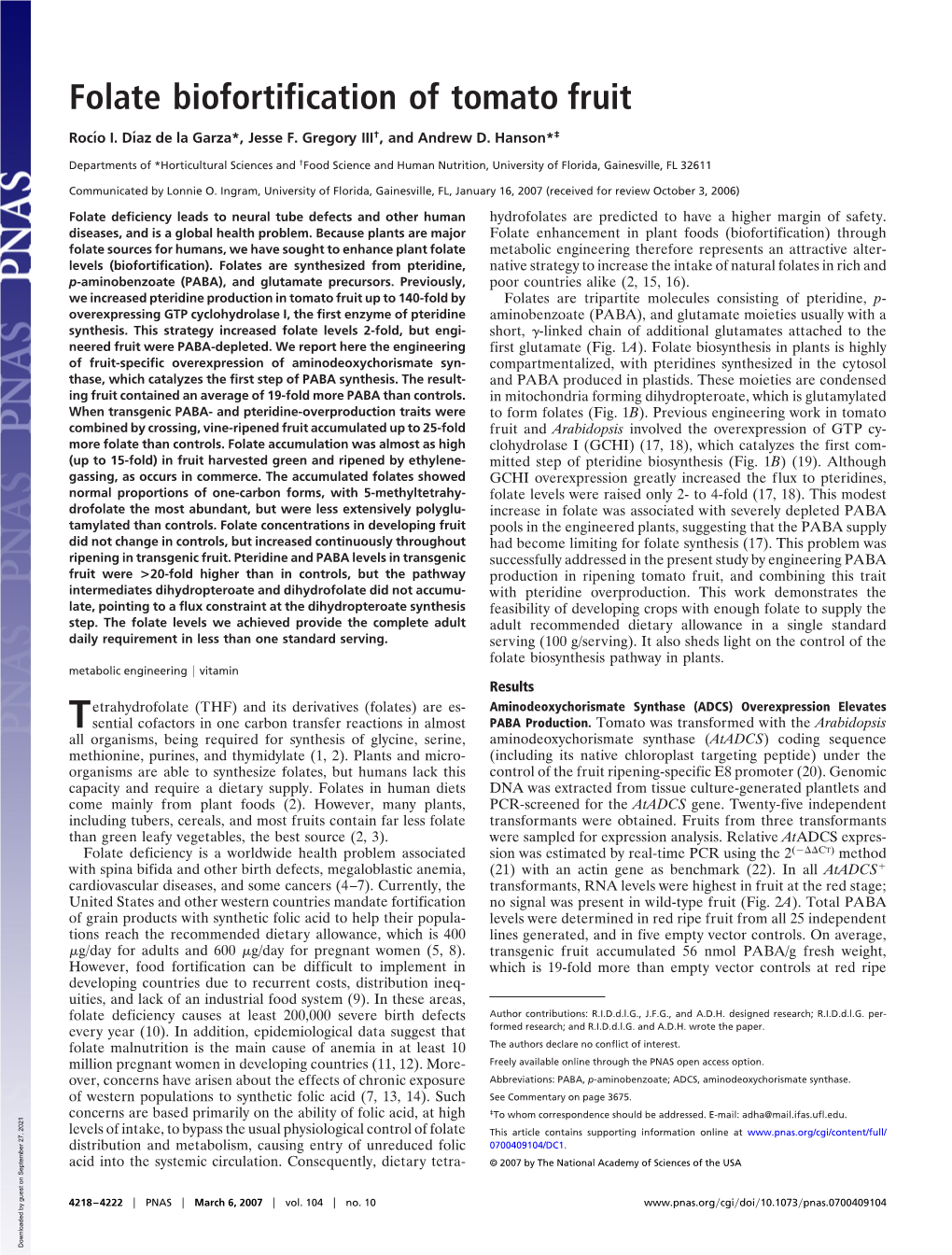 Folate Biofortification of Tomato Fruit