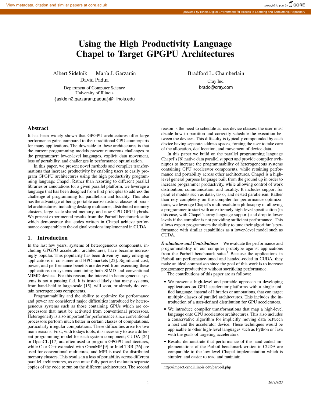 Using the High Productivity Language Chapel to Target GPGPU Architectures