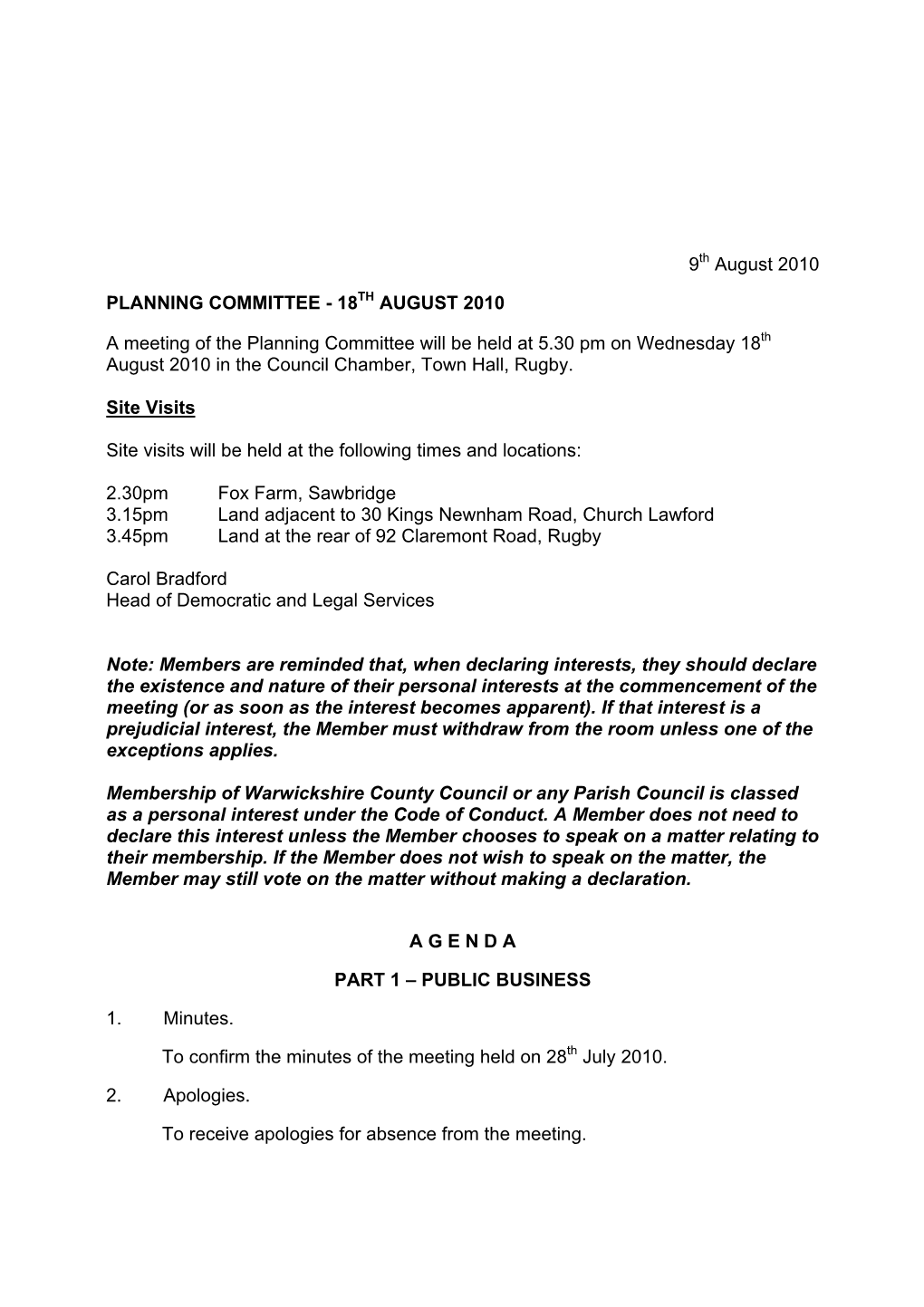 Planning Committee Agenda 18 August 2010