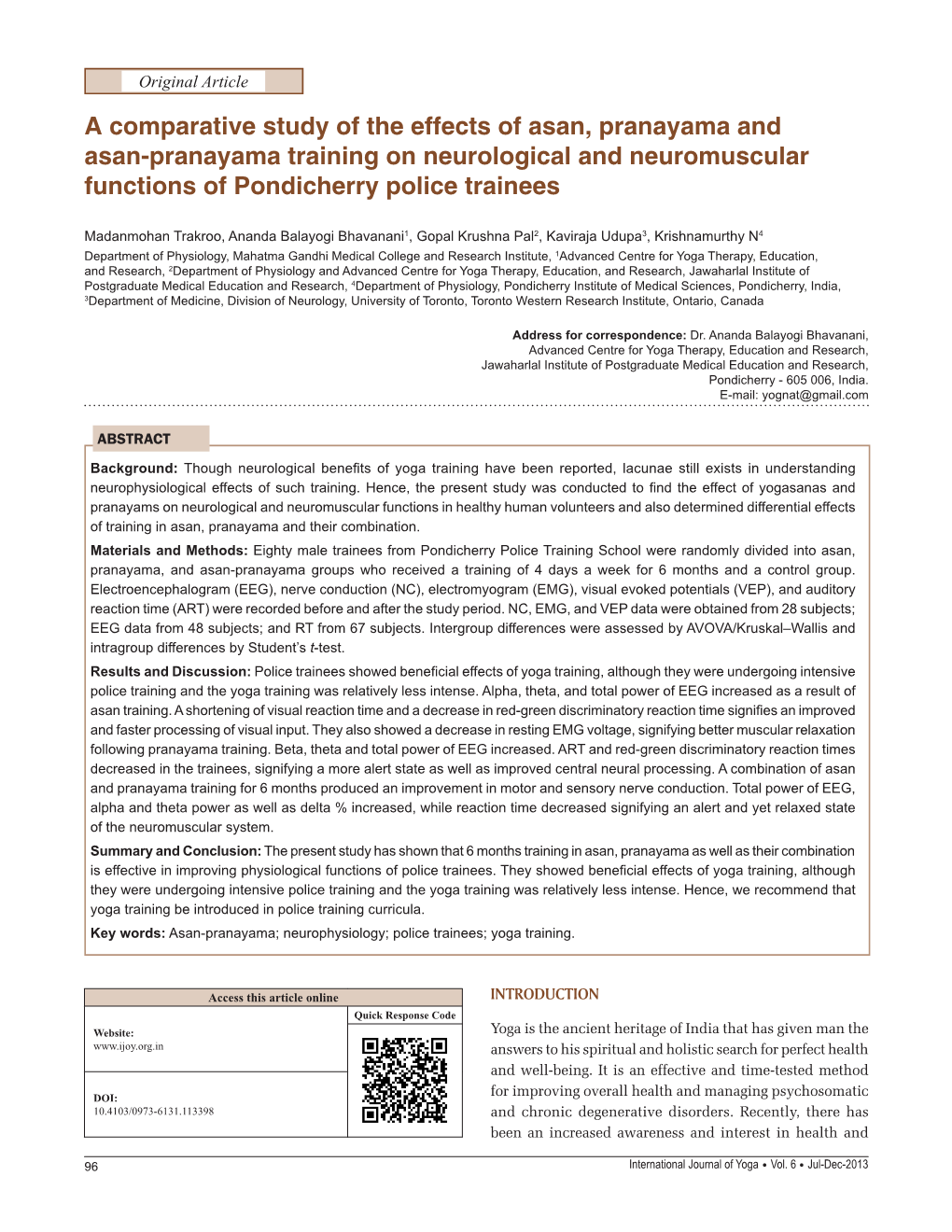 A Comparative Study of the Effects of Asan, Pranayama and Asan-Pranayama Training on Neurological and Neuromuscular Functions of Pondicherry Police Trainees