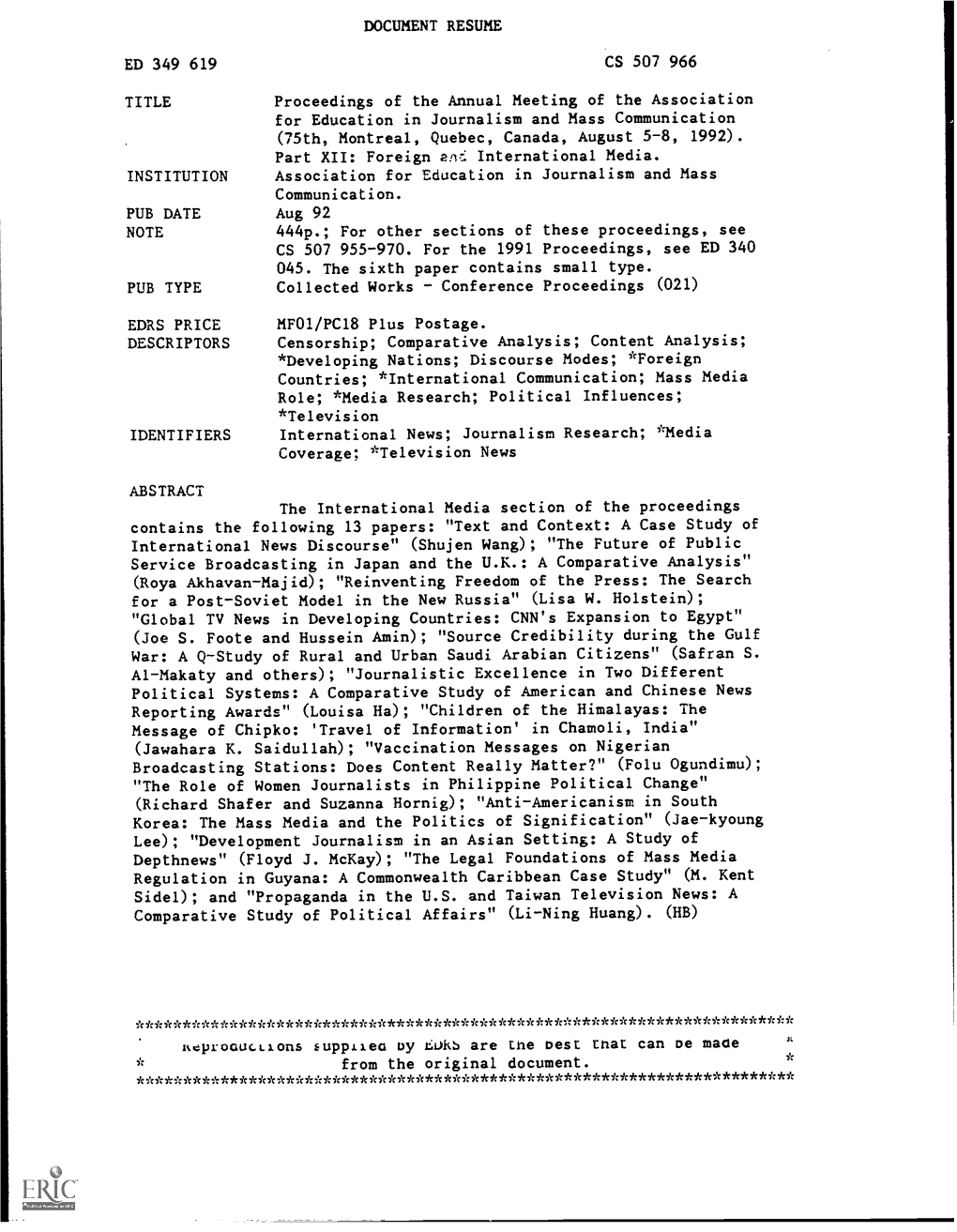 Proceedings of the Annual Meeting of the Association for Education in Journalism and Mass Communication (75Th, Montreal, Quebec, Canada, August 5-8, 1992)