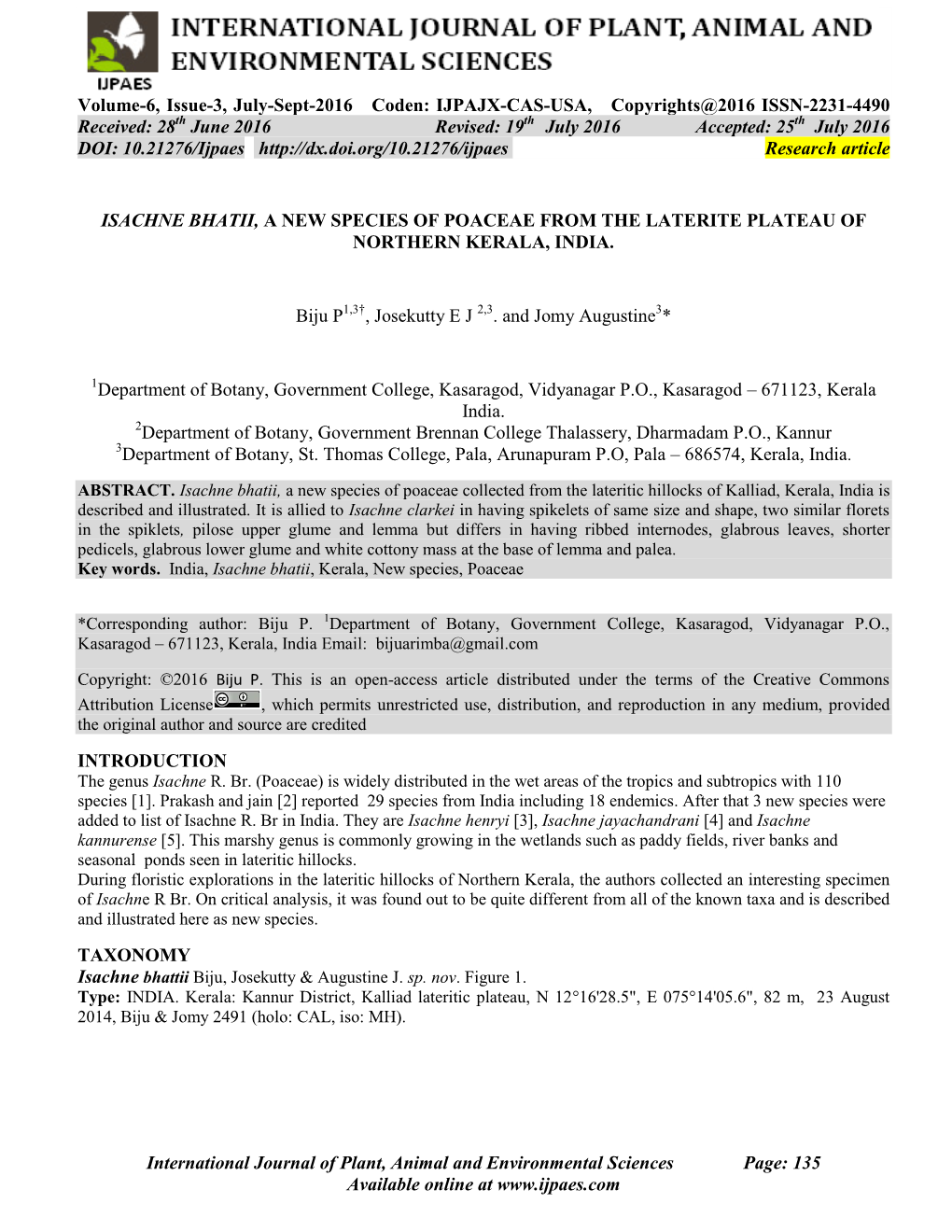 Isachne Bhatii, a New Species of Poaceae from the Laterite Plateau of Northern Kerala, India