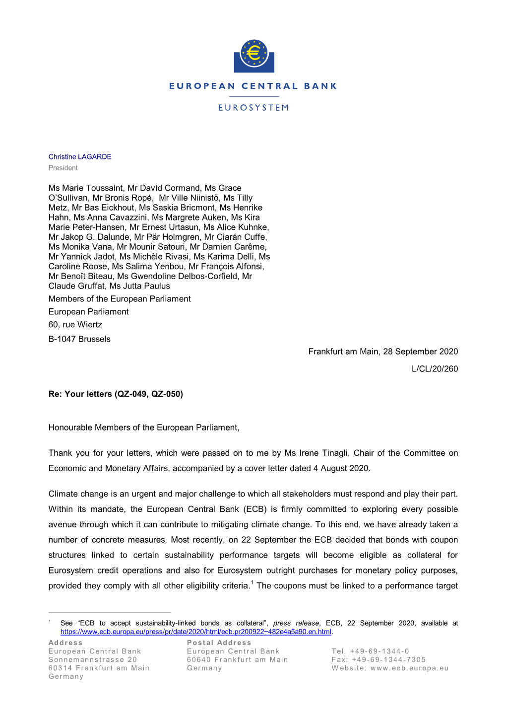 Letter from the ECB President to Several Meps, on Monetary Policy