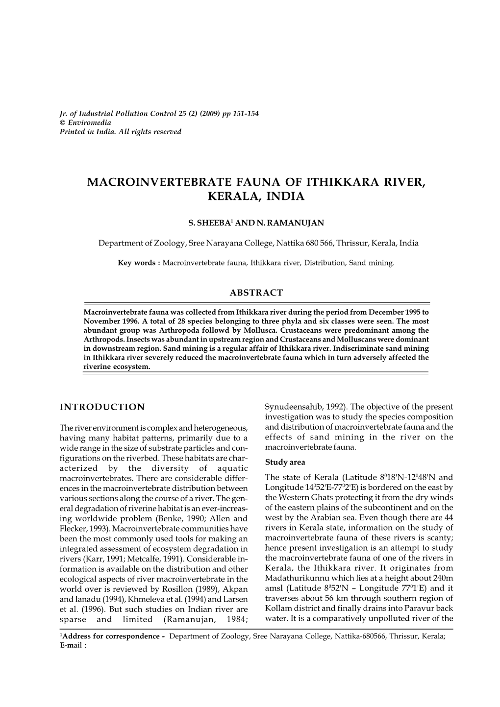 Macroinvertebrate Fauna of Ithikkara River, Kerala, India