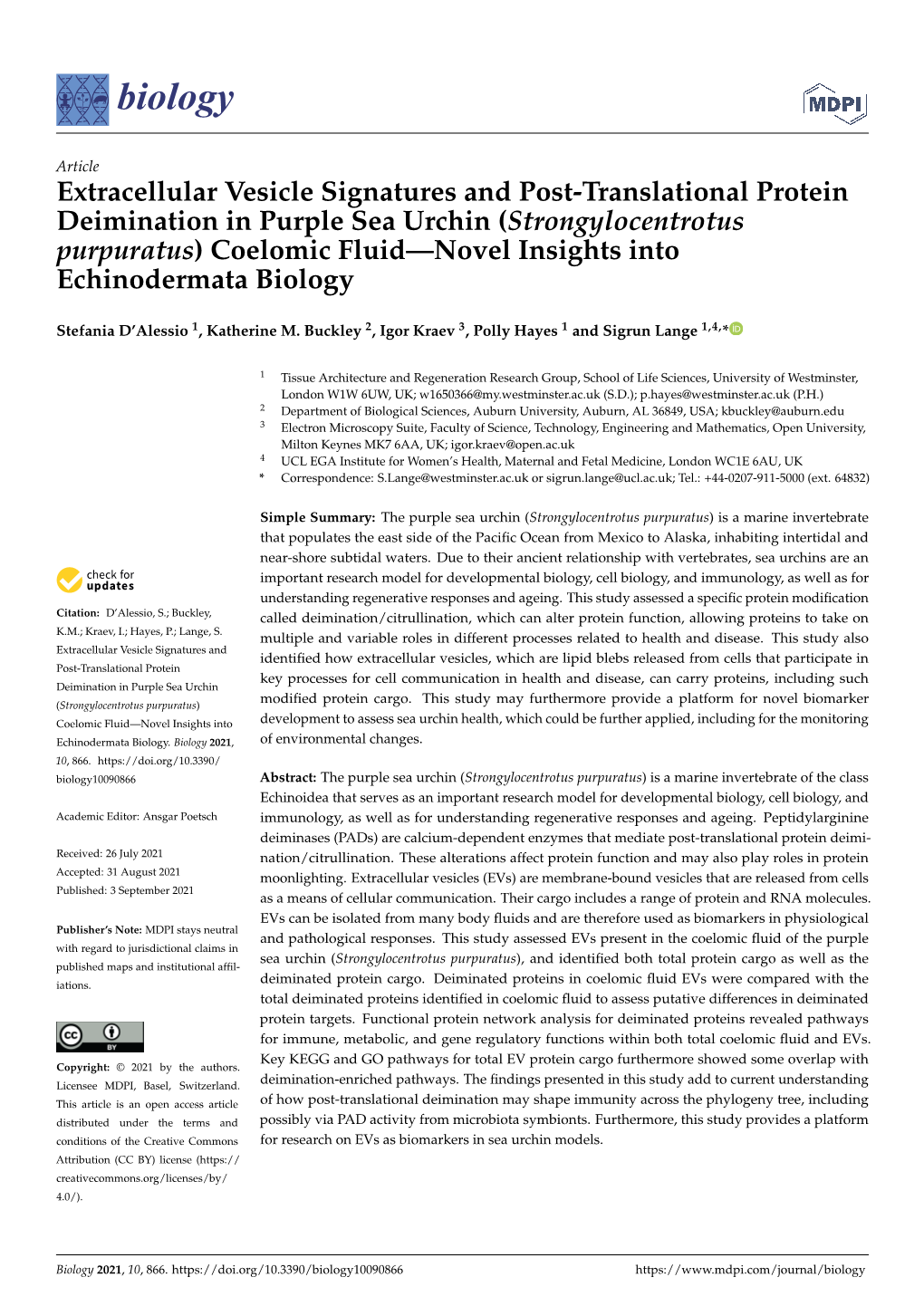 Strongylocentrotus Purpuratus) Coelomic Fluid—Novel Insights Into Echinodermata Biology