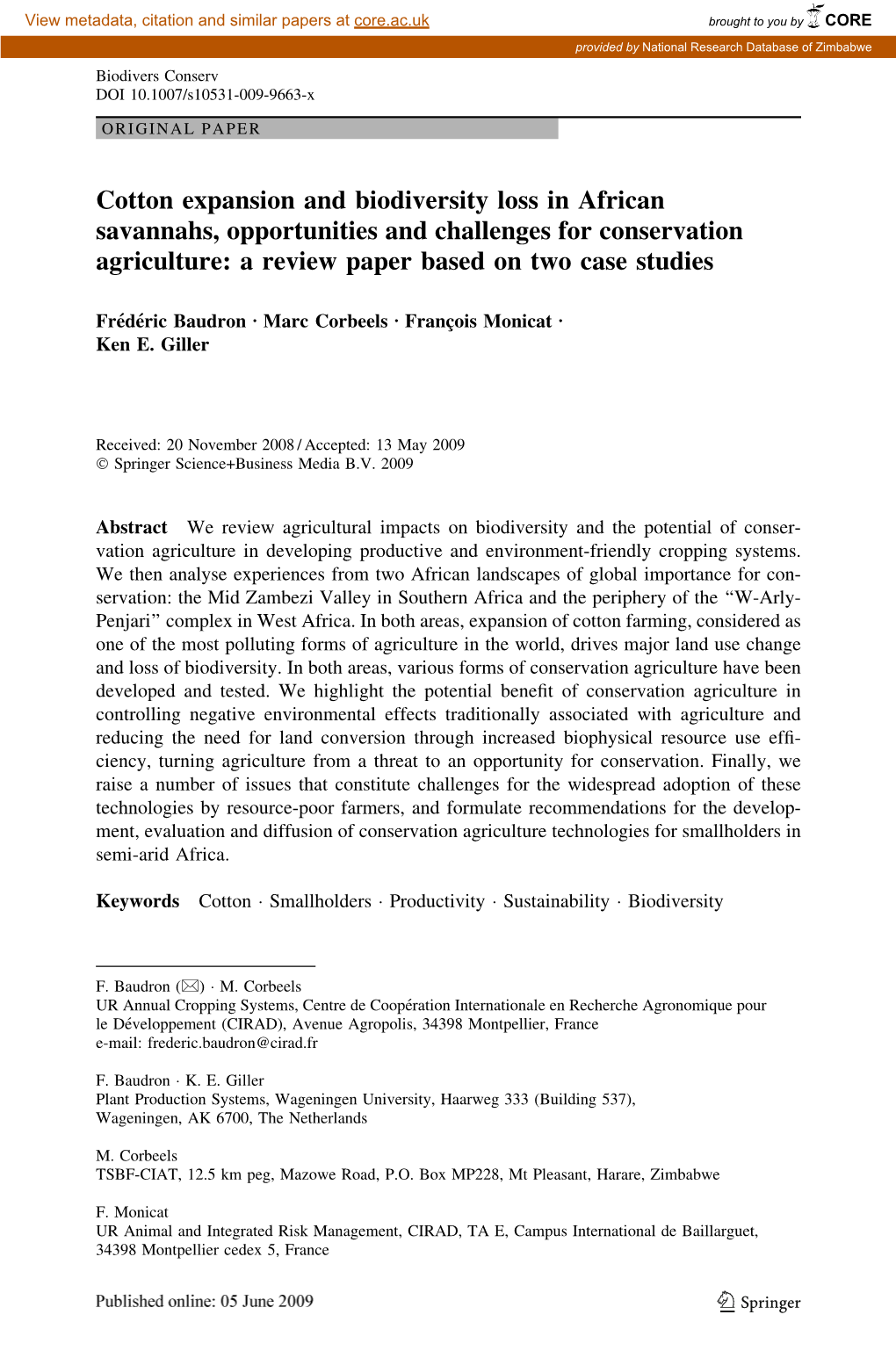 Cotton Expansion and Biodiversity Loss in African Savannahs, Opportunities and Challenges for Conservation Agriculture: a Review Paper Based on Two Case Studies