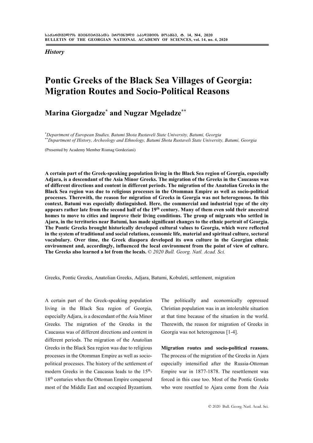 Pontic Greeks of the Black Sea Villages of Georgia: Migration Routes and Socio-Political Reasons