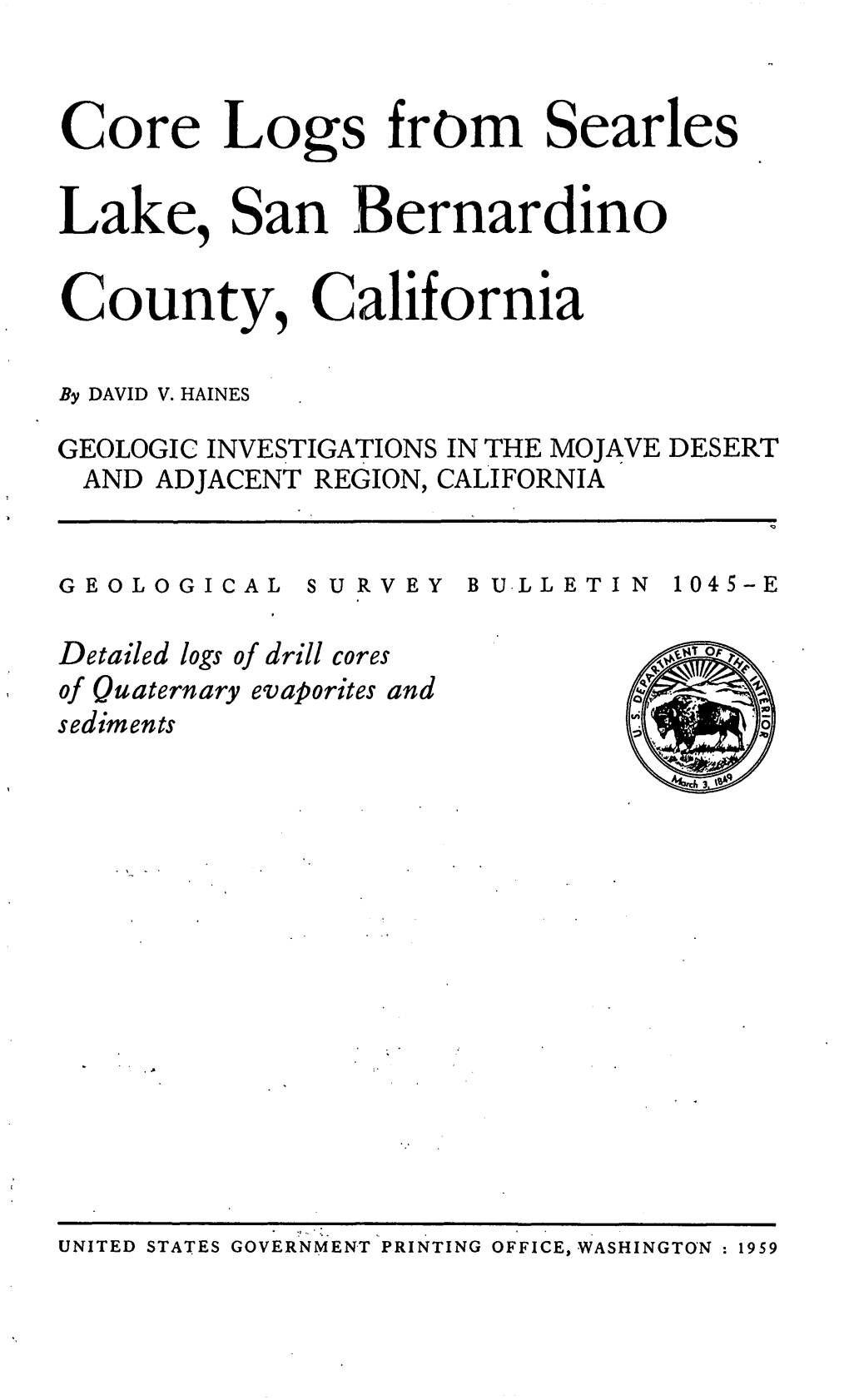 Core Logs from Searles Lake, San Bernardino County, California