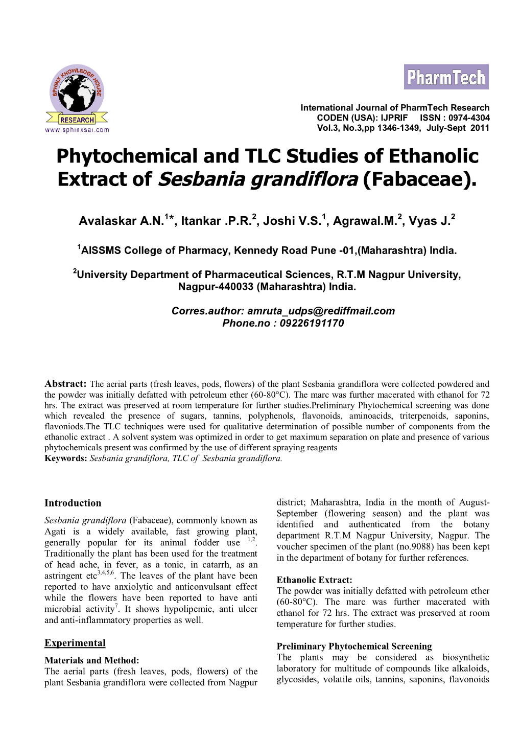 TLC and HPTLC Studies of Ethanolic Extract of Sesbania Grandiflora (Fabaceae)