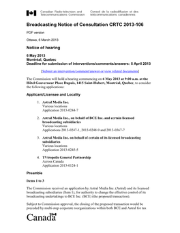 Broadcasting Notice of Consultation CRTC 2013-106