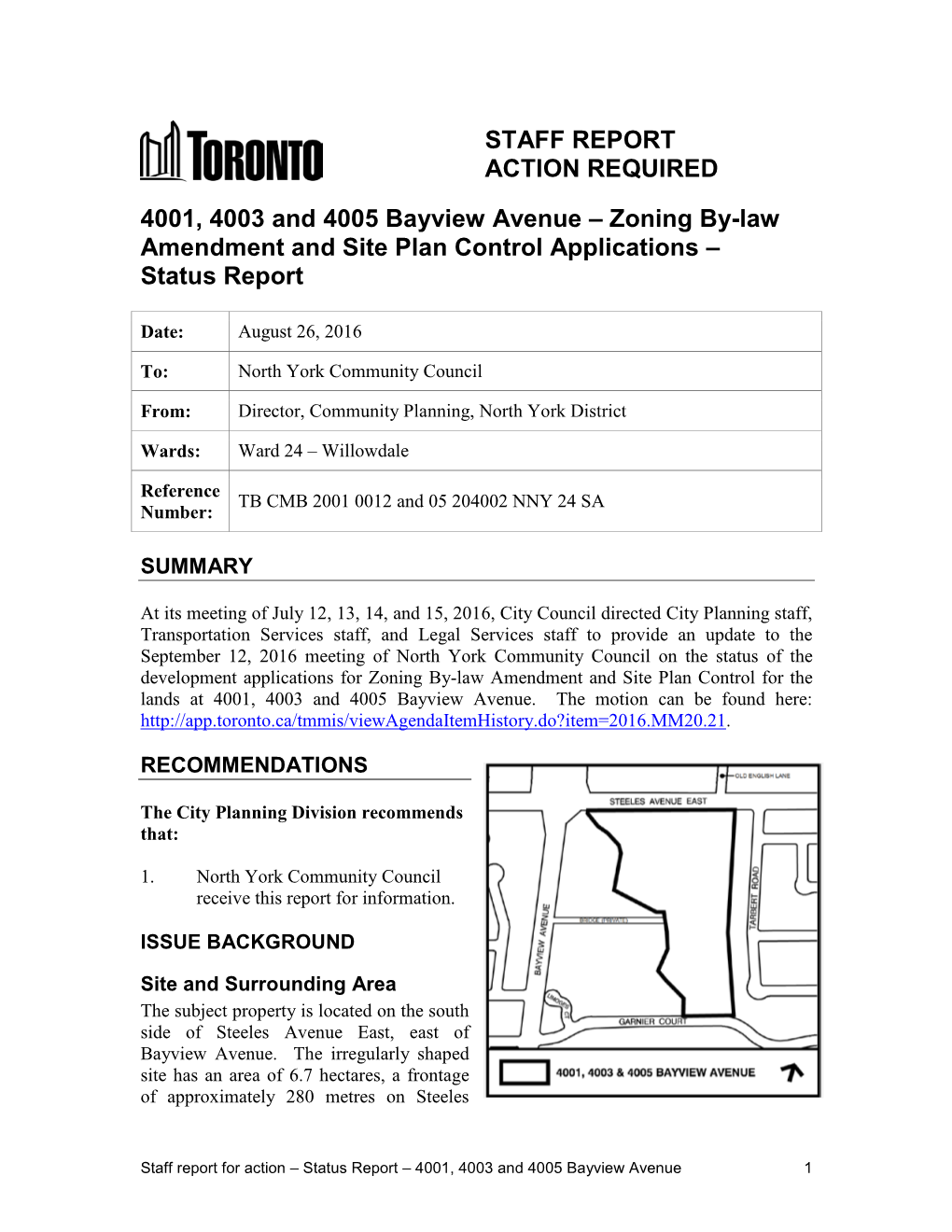 4001, 4003 and 4005 Bayview Avenue – Zoning By-Law Amendment and Site Plan Control Applications – Status Report