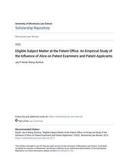 Eligible Subject Matter at the Patent Office: an Empirical Study of the Influence of Alice on Patent Examiners and Patent Applicants