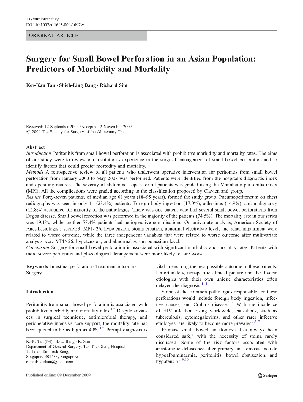 Surgery for Small Bowel Perforation in an Asian Population: Predictors of Morbidity and Mortality