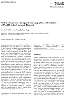 Marked Intragenomic Heterogeneity and Geographical Differentiation of Nrdna ITS N Larix Potaninii (Pinaceae)