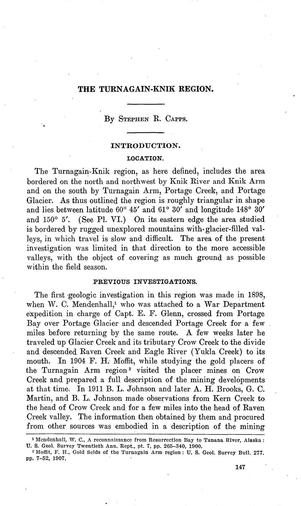 THE TURNAGAIN-KNIK REGION. by STEPHEN R. CAPPS. the Turnagain-Knik Region, As Here Defined, Includes the Area Bordered on the No