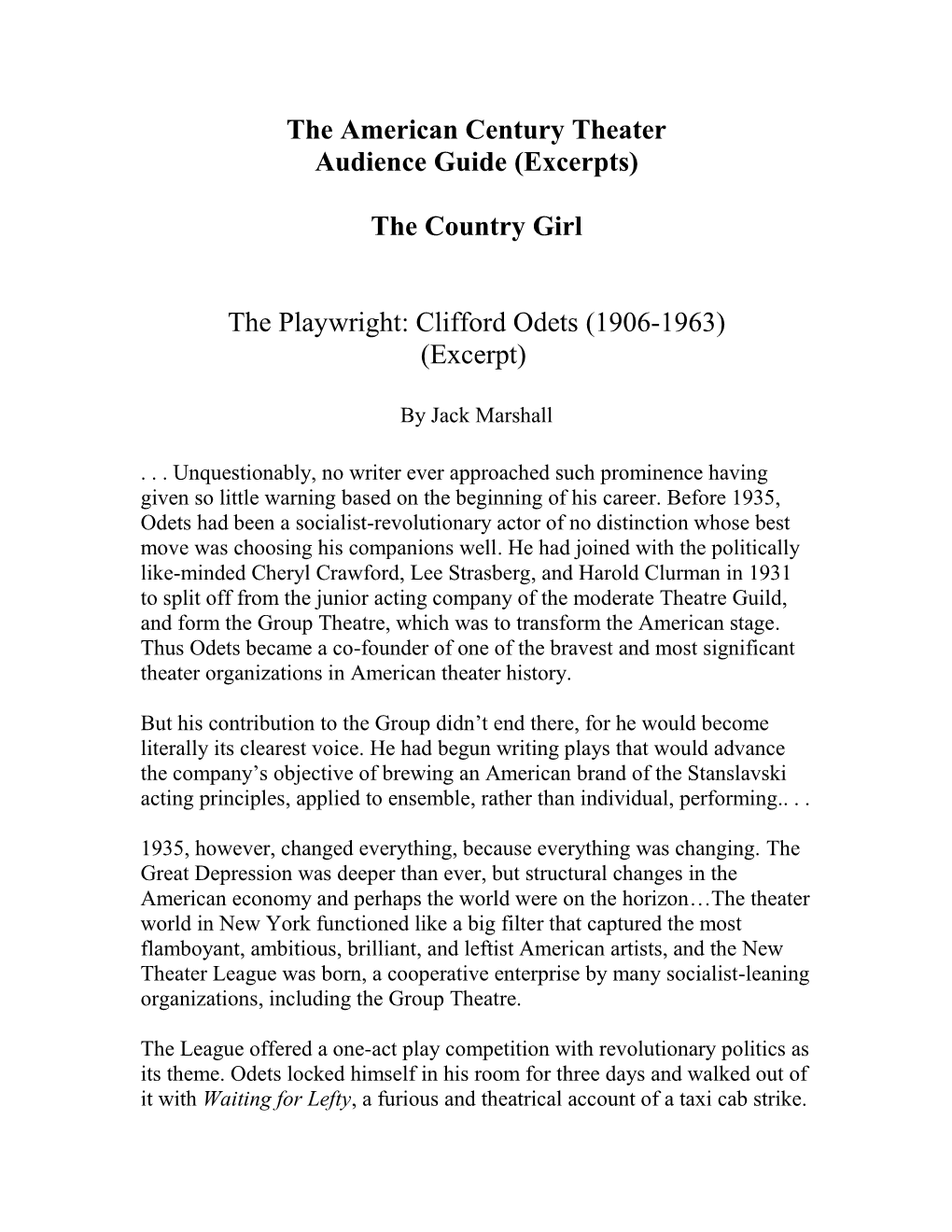 The Playwright: Clifford Odets, Golden Boy of the Theatrical Left