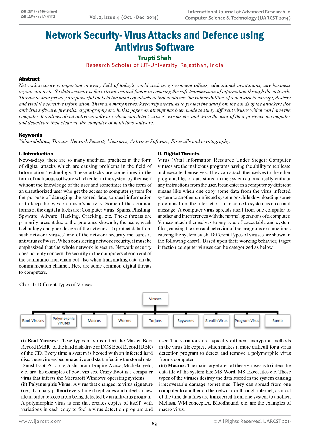 Network Security- Virus Attacks and Defence Using Antivirus Software Trupti Shah Research Scholar of JJT-University, Rajasthan, India