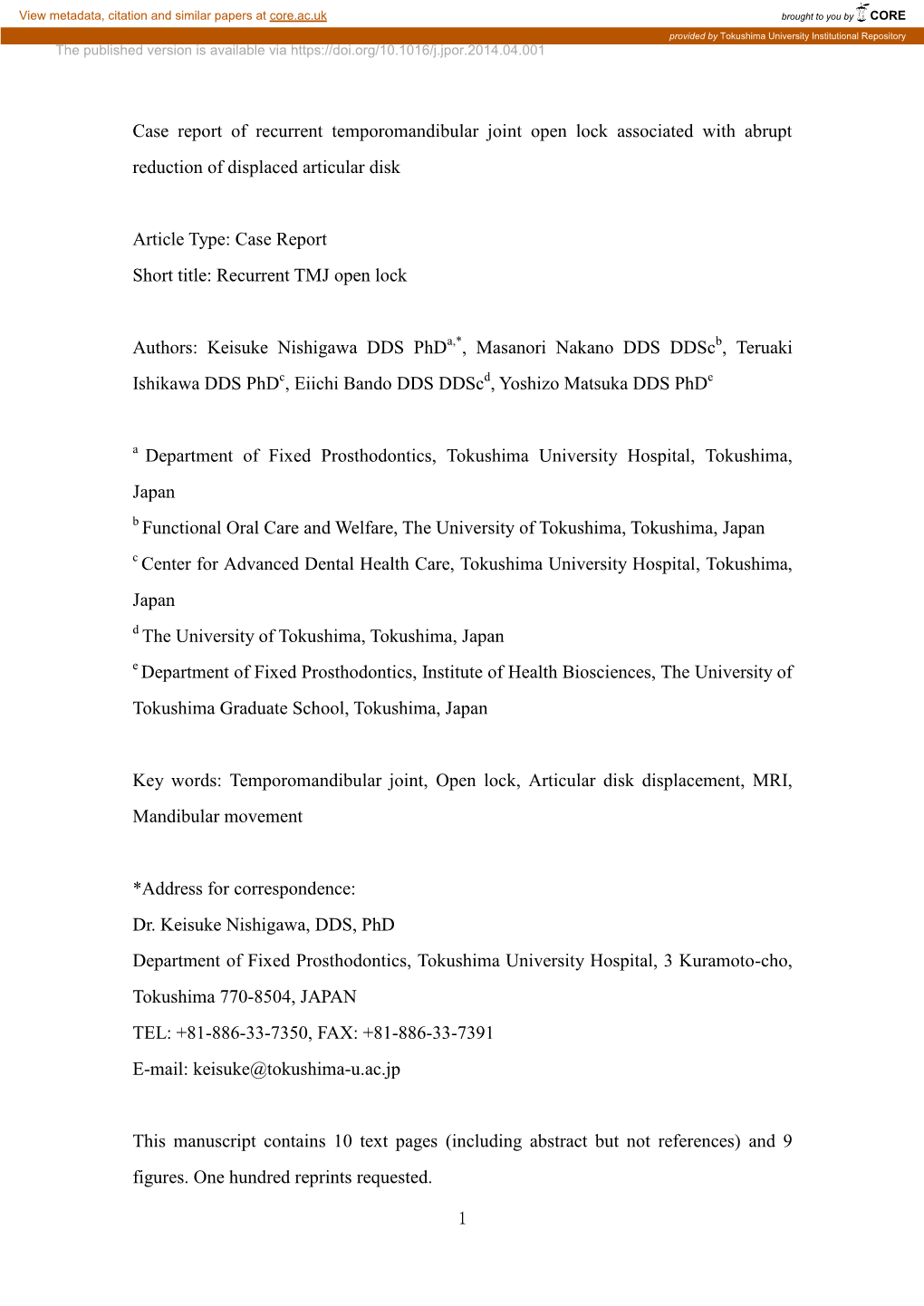 1 Case Report of Recurrent Temporomandibular Joint Open Lock