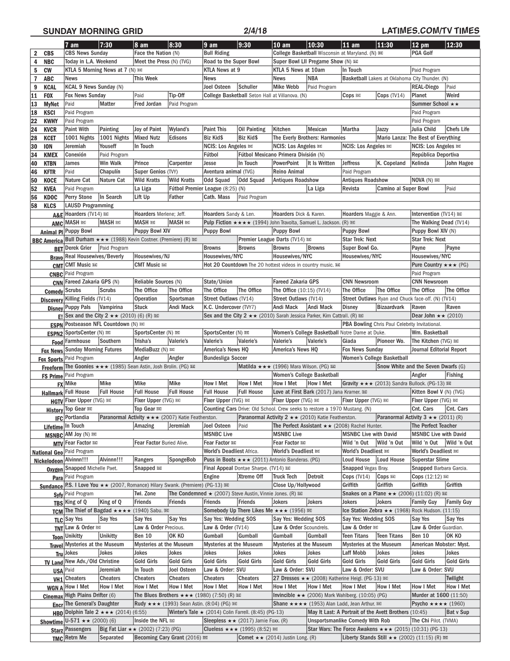 Sunday Morning Grid 2/4/18 Latimes.Com/Tv Times