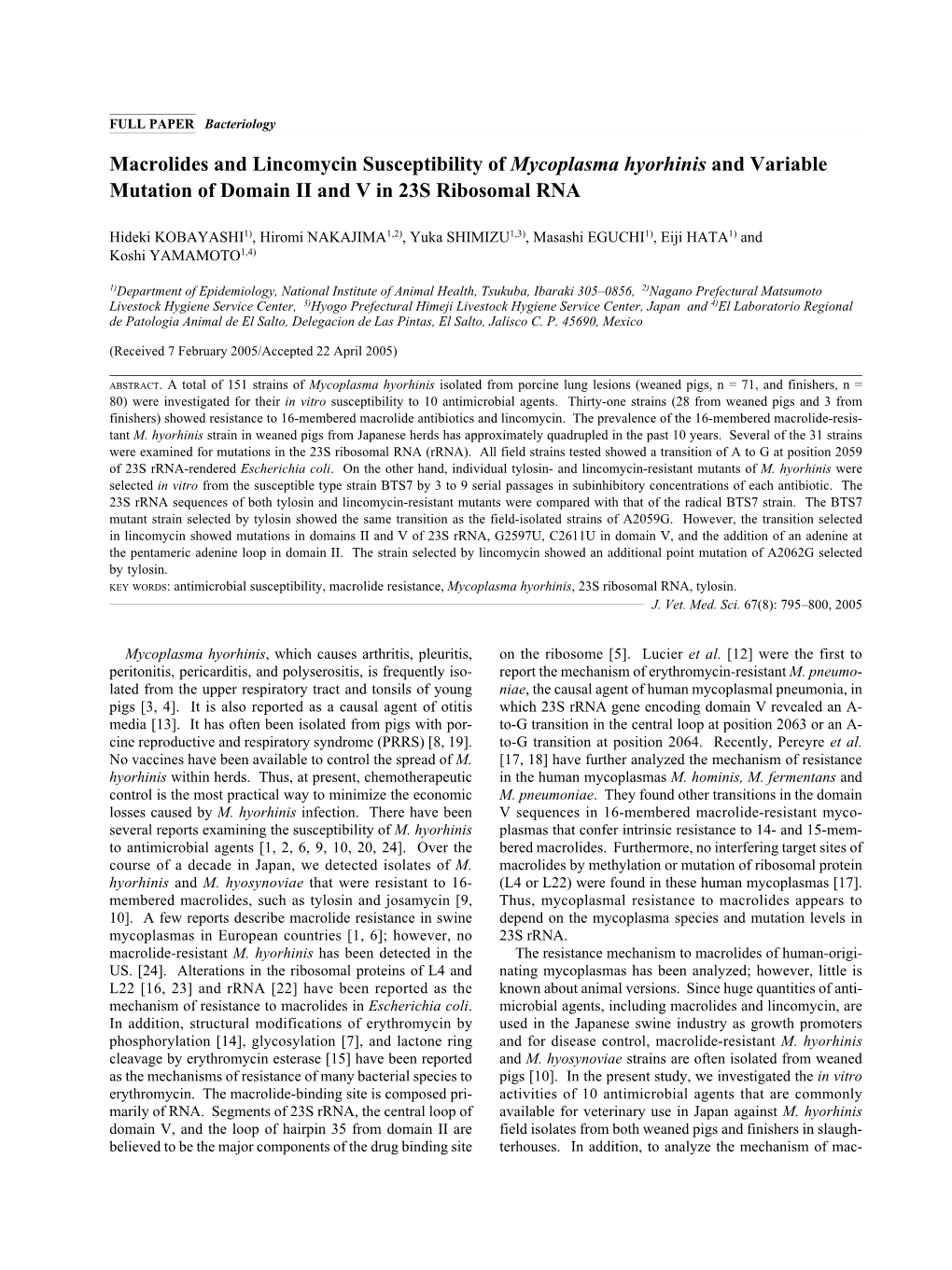 Macrolides and Lincomycin Susceptibility of Mycoplasma Hyorhinis and Variable Mutation of Domain II and V in 23S Ribosomal RNA