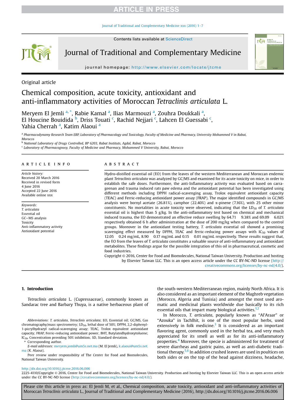 Chemical Composition, Acute Toxicity, Antioxidant and Anti-Inflammatory