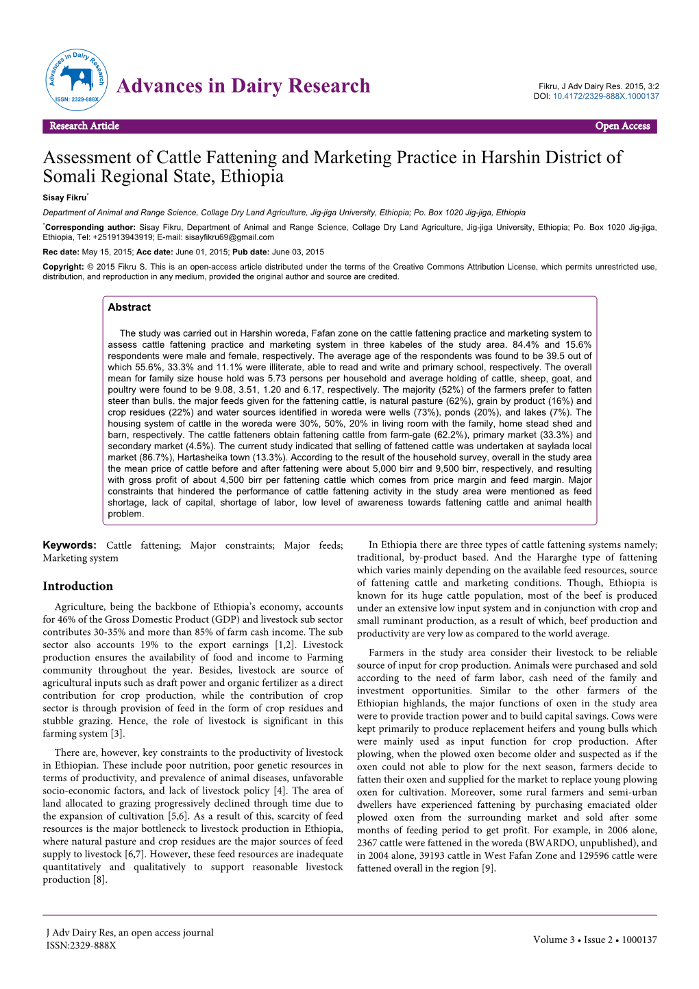 Assessment of Cattle Fattening and Marketing Practice in Harshin