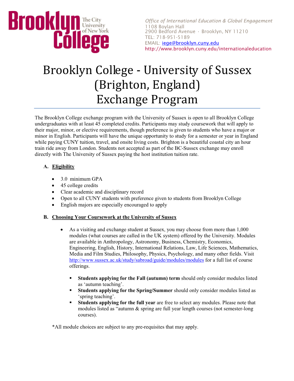 University of Sussex (Brighton, England) Exchange Program