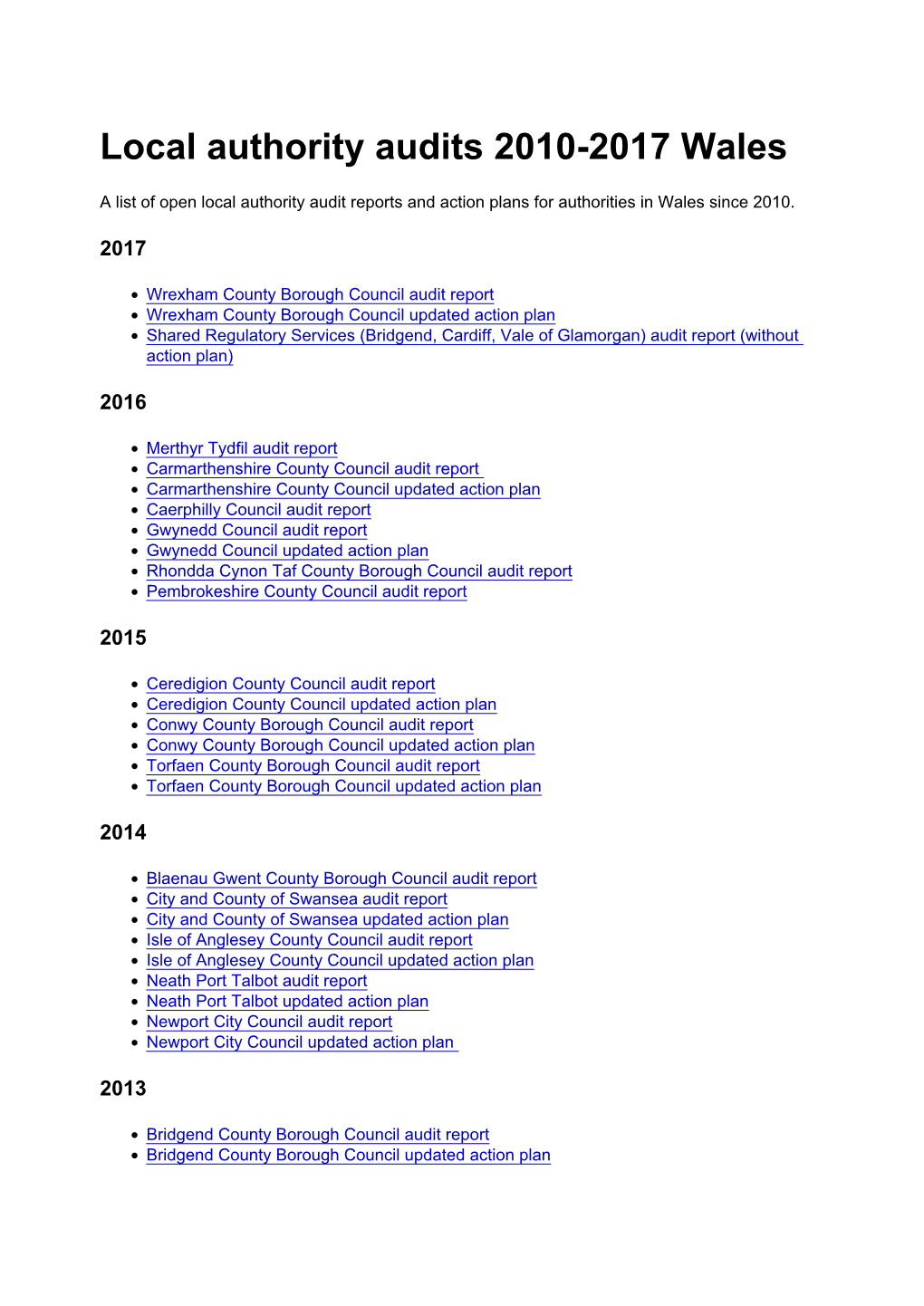 View Local Authority Audits 2010-2017 Wales As