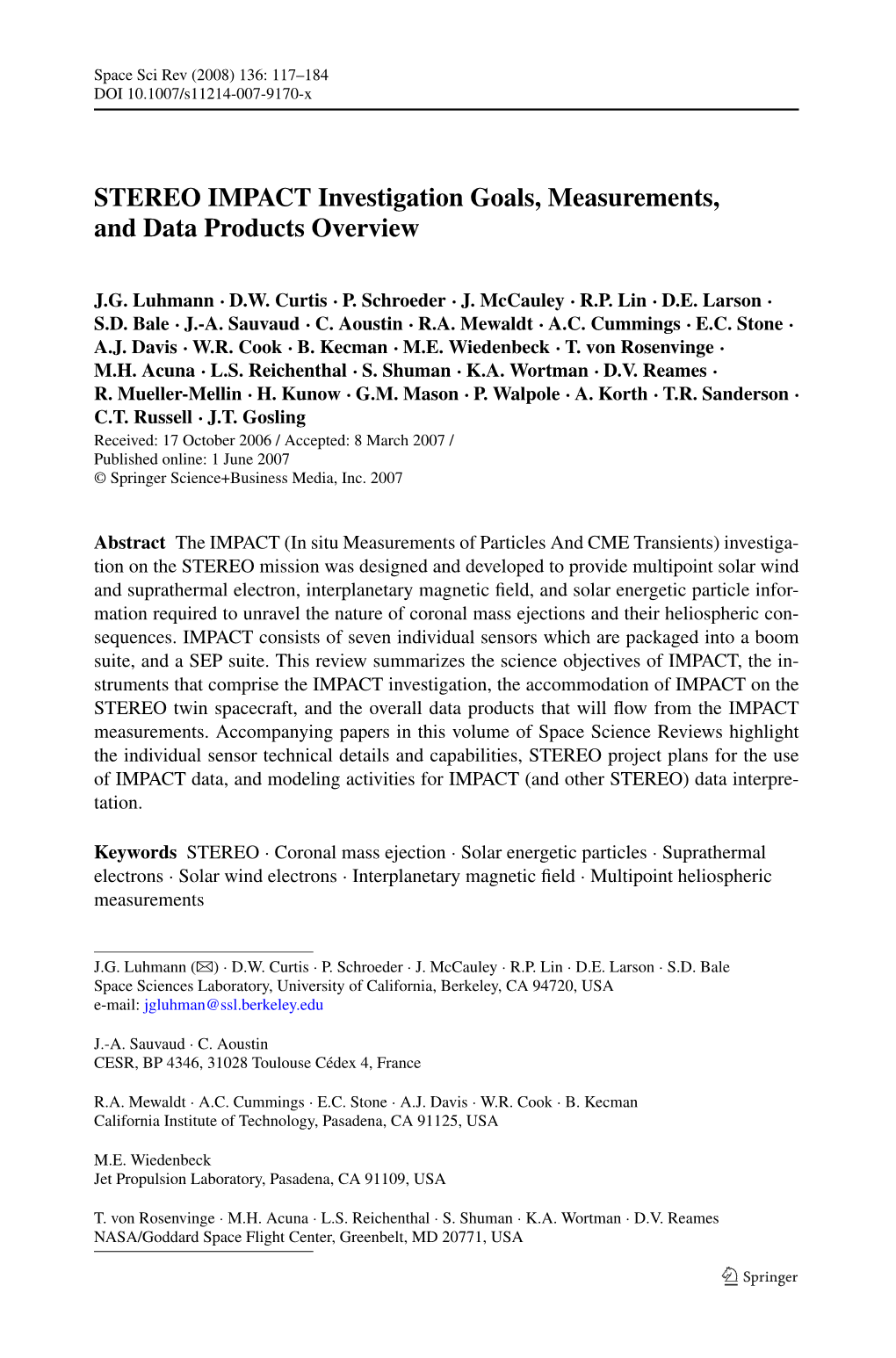 STEREO IMPACT Investigation Goals, Measurements, and Data Products Overview