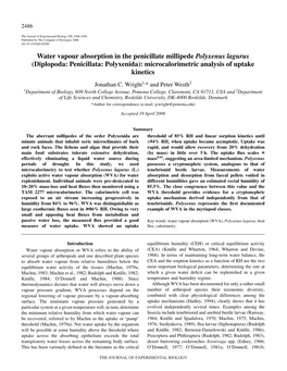 Water Vapour Absorption in the Penicillate Millipede Polyxenus Lagurus (Diplopoda: Penicillata: Polyxenida): Microcalorimetric Analysis of Uptake Kinetics Jonathan C