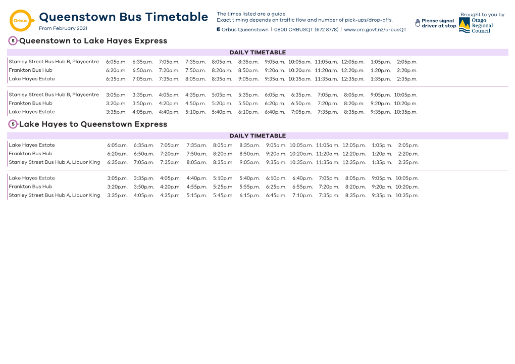 Queenstown Bus Timetable Exact Timing Depends on Traffic Flow and Number of Pick-Ups/Drop-Offs