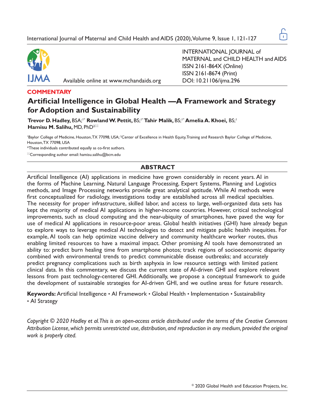 Artificial Intelligence in Global Health—A Framework and Strategy For