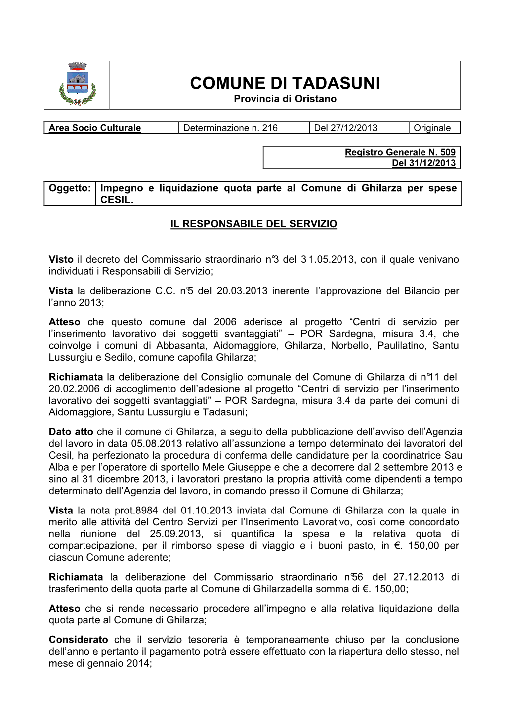 COMUNE DI TADASUNI Provincia Di Oristano