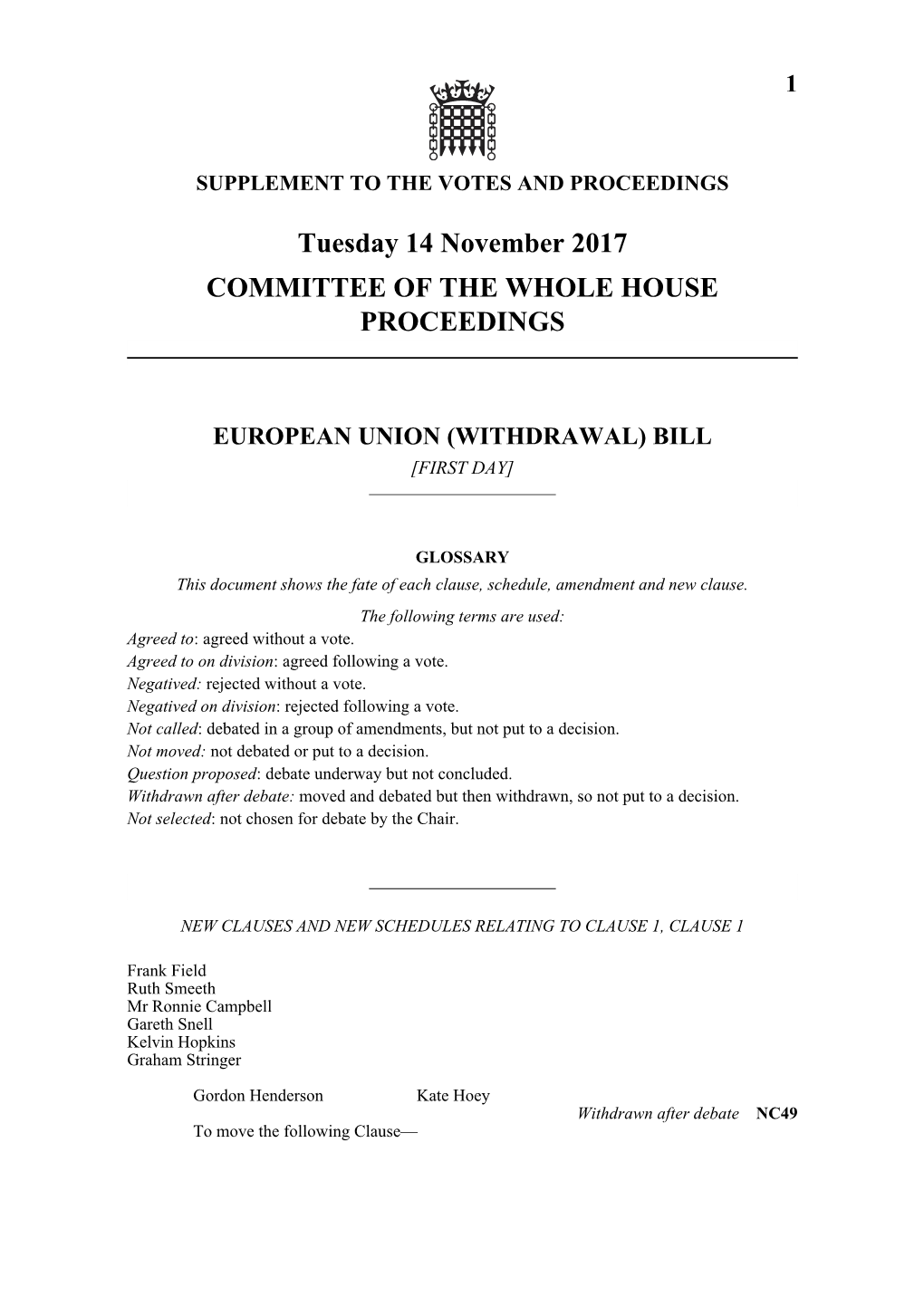 Tuesday 14 November 2017 COMMITTEE of the WHOLE HOUSE PROCEEDINGS