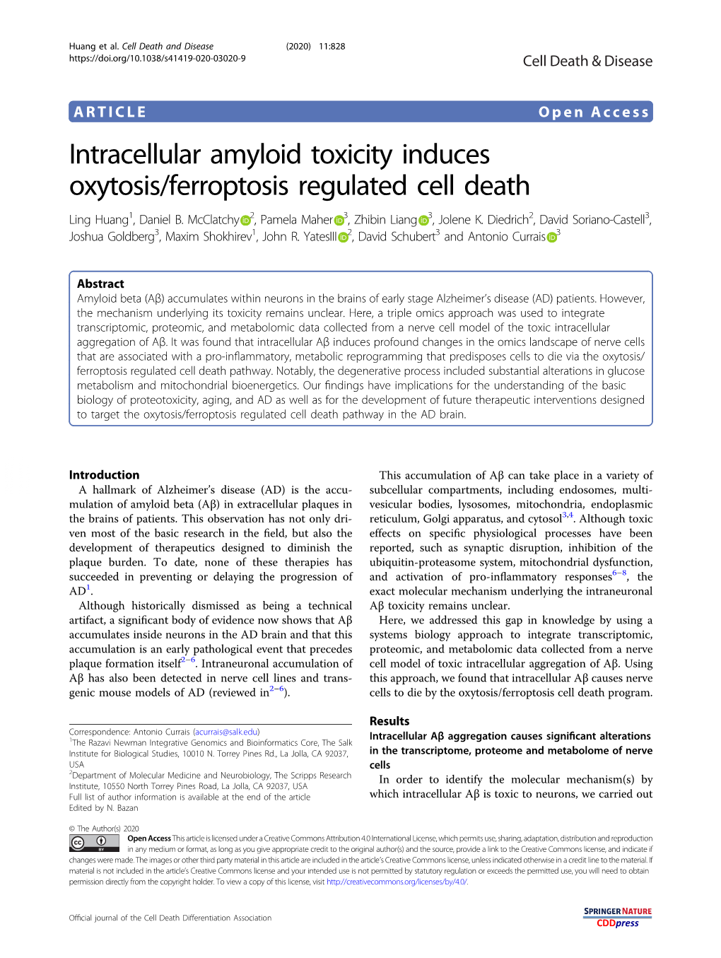 Intracellular Amyloid Toxicity Induces Oxytosis/Ferroptosis Regulated Cell Death Ling Huang1, Daniel B