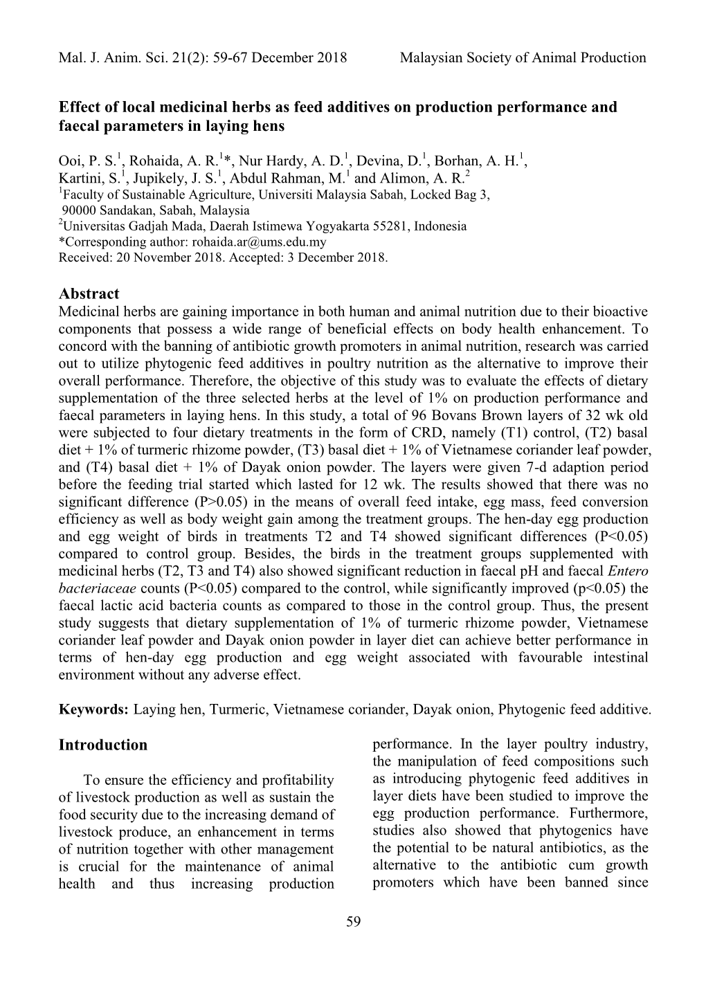 Effect of Local Medicinal Herbs As Feed Additives on Production Performance and Faecal Parameters in Laying Hens