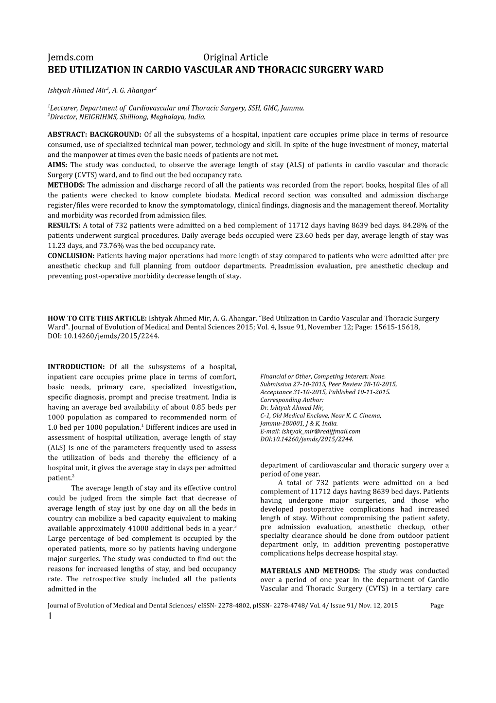 Bed Utilization in Cardio Vascular and Thoracic Surgery Ward