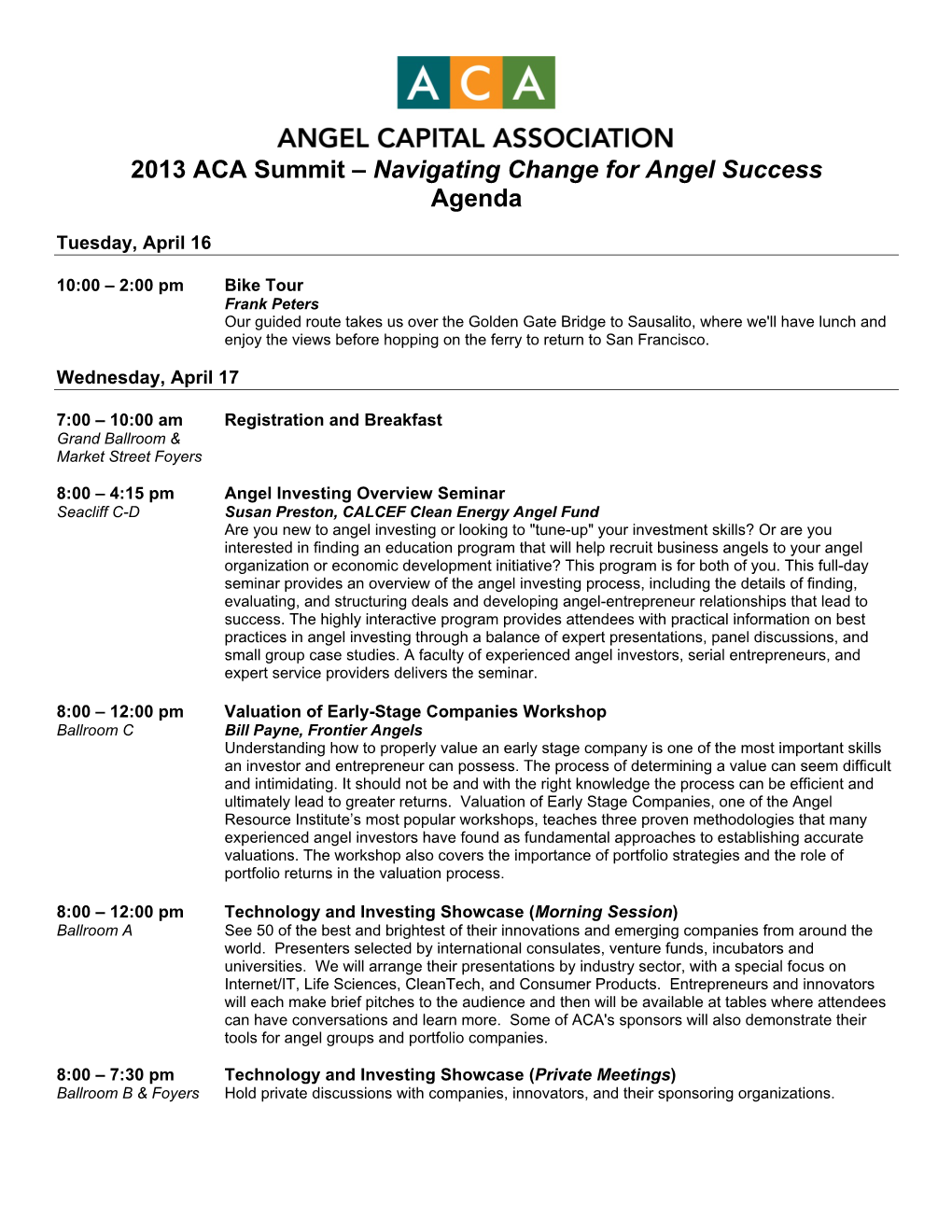 2013 ACA Summit – Navigating Change for Angel Success Agenda