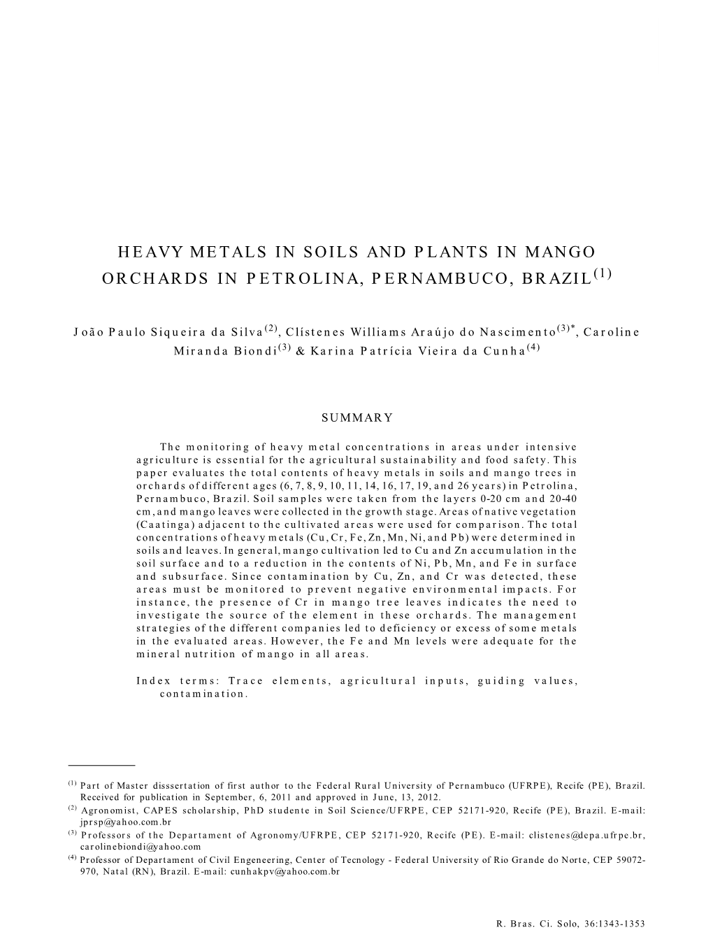 Heavy Metals in Soils and Plants in Mango Orchards in Petrolina