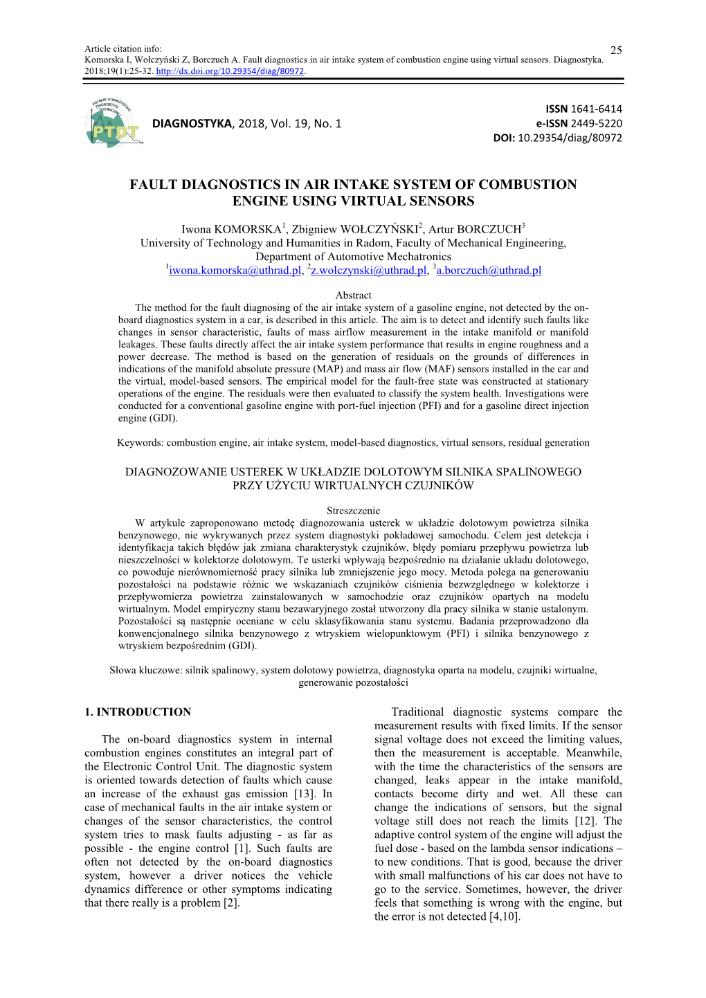 Fault Diagnostics in Air Intake System of Combustion Engine Using Virtual Sensors