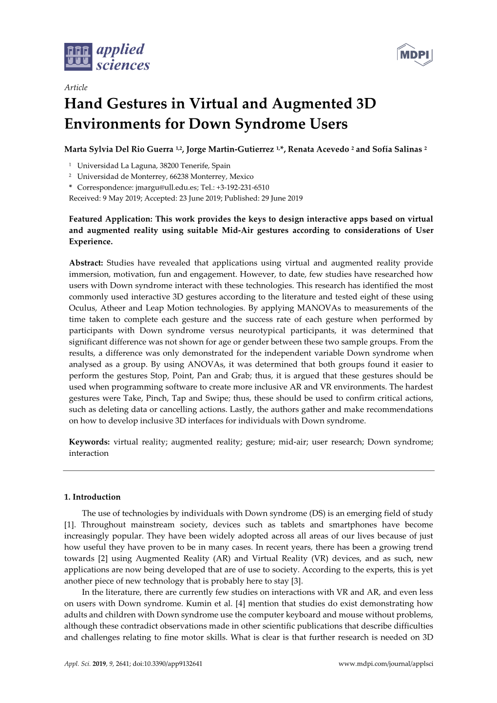 Hand Gestures in Virtual and Augmented 3D Environments for Down Syndrome Users