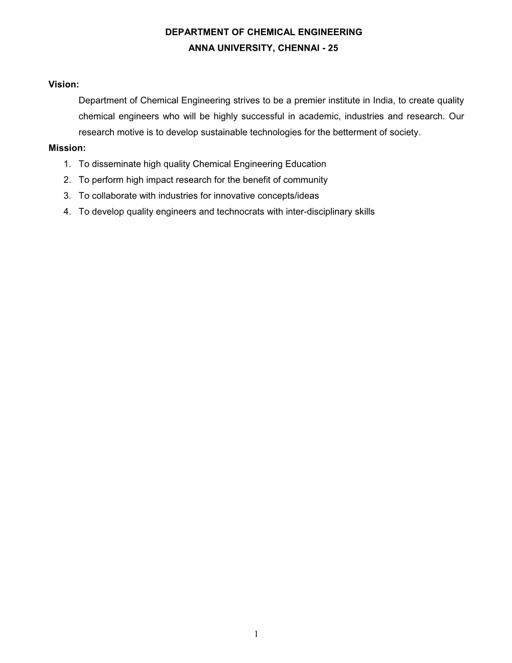 Department of Chemical Engineering Anna University, Chennai - 25